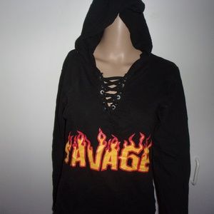 On Fire Tops - womens black hooded long sleeve savage t shirt top On Fire Tops - womens black hooded long sleeve savage t shirt top